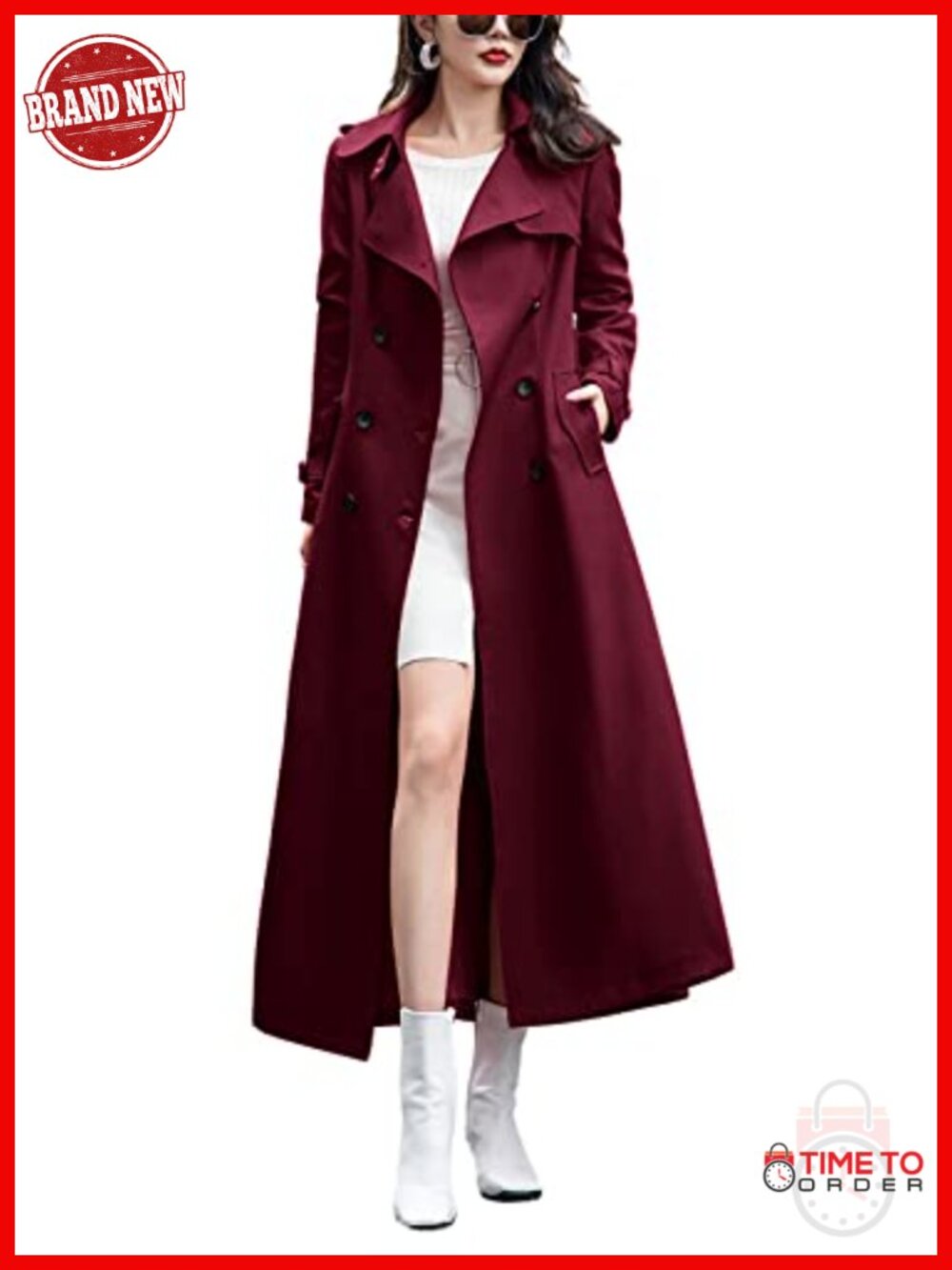 Women's Double Breasted Maxi Trench Coat with Belt